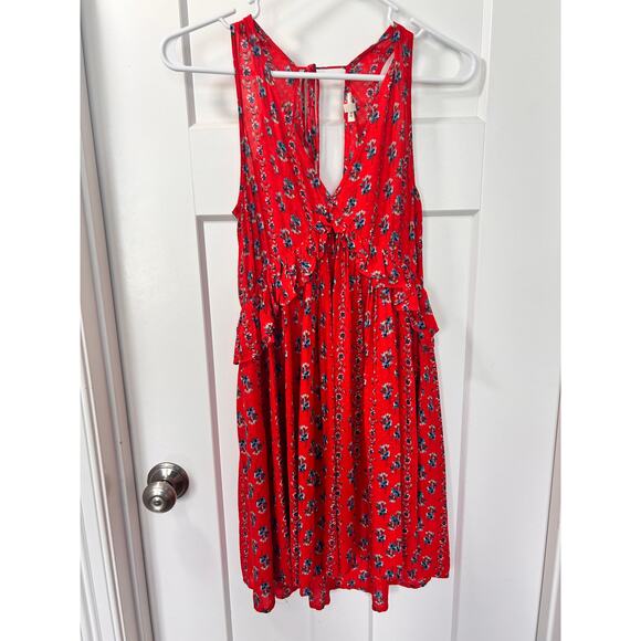 En Creme Women's Floral Print Ruffle Mini Fit & Flare‎ Dress Red Blue Size Small - Picture 1 of 9